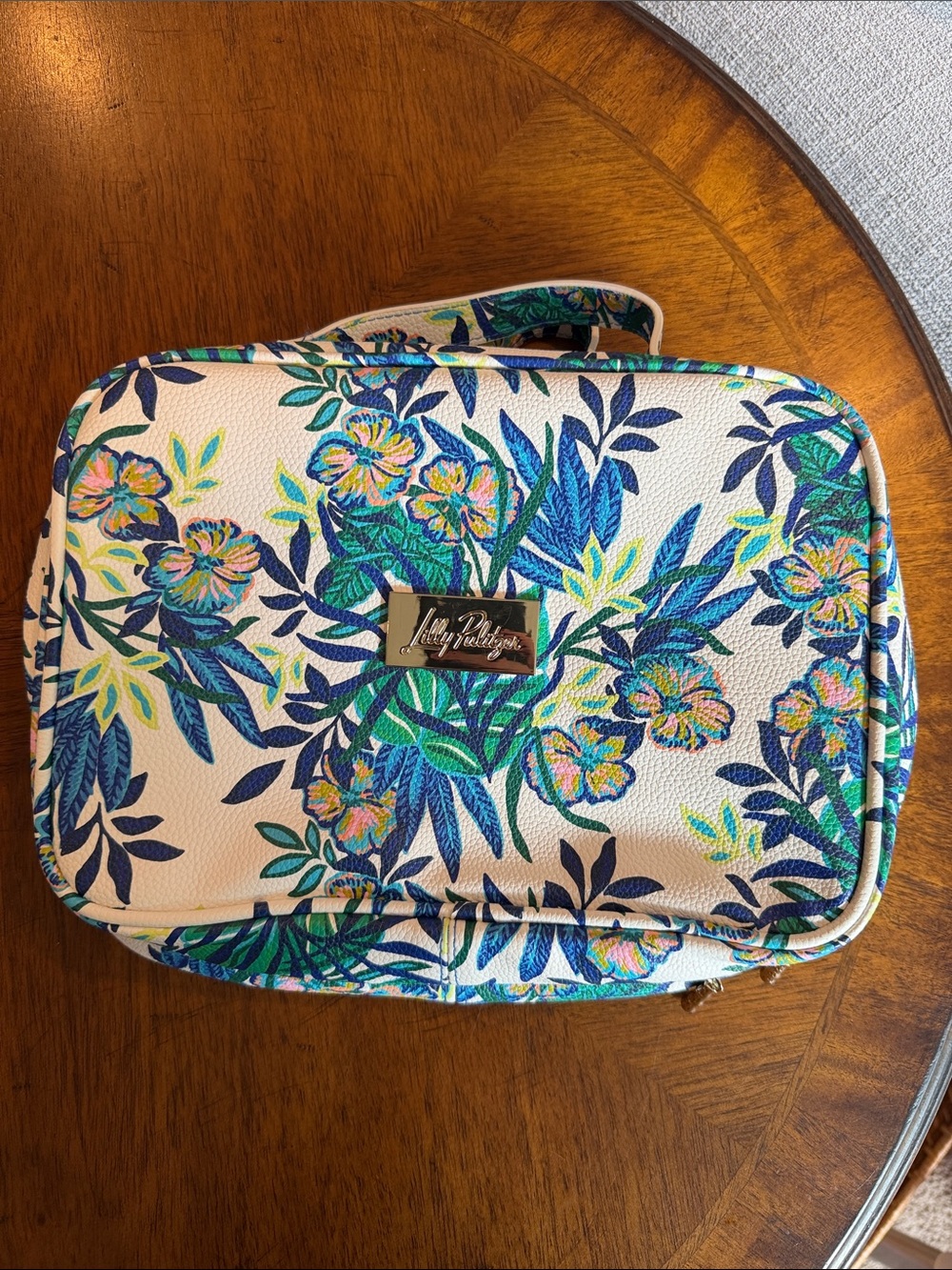Lilly Pulitzer Cream Floral Cosmetic Case with Blue & Green Leaves
